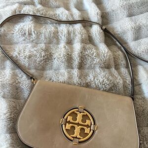 Tory Burch Beige Leather Crossbody Clutch with Gold Logo